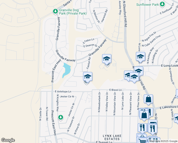 map of restaurants, bars, coffee shops, grocery stores, and more near 3895 Fairfax Road in Prescott Valley