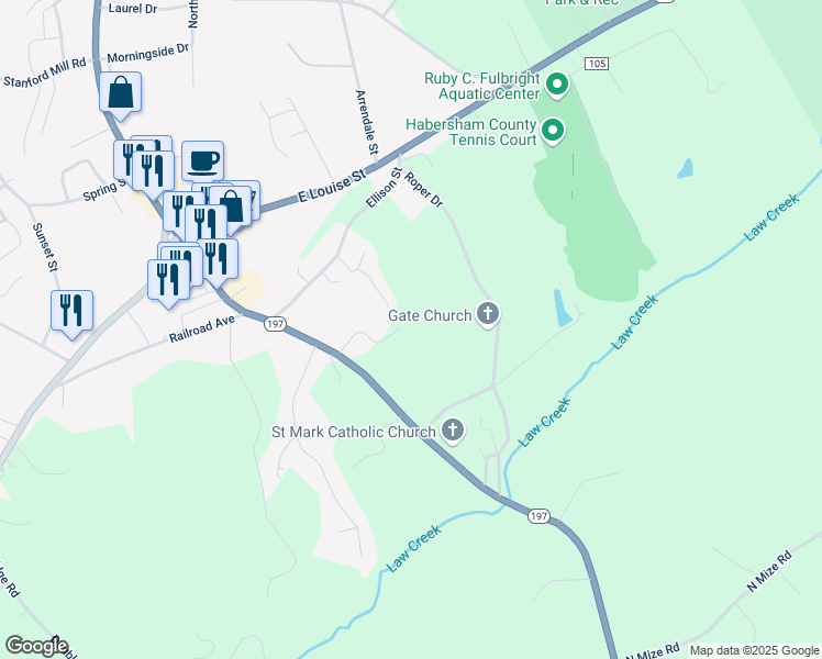 map of restaurants, bars, coffee shops, grocery stores, and more near 200 Stewart Avenue in Clarkesville