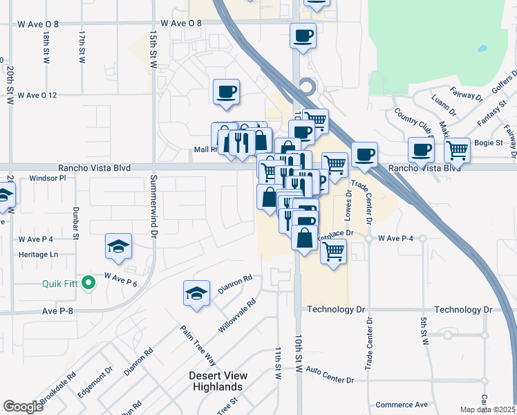 map of restaurants, bars, coffee shops, grocery stores, and more near 39423 11th Street West in Palmdale