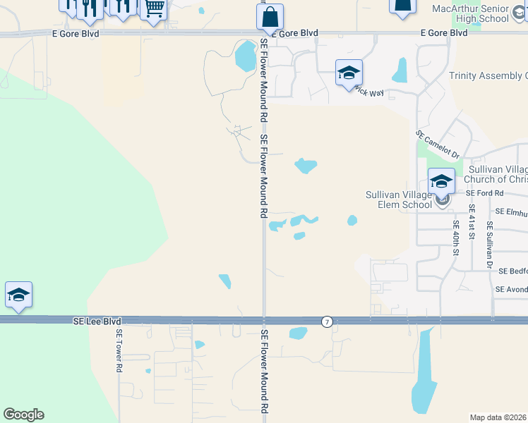 map of restaurants, bars, coffee shops, grocery stores, and more near 1152 Southeast Flower Mound Road in Lawton