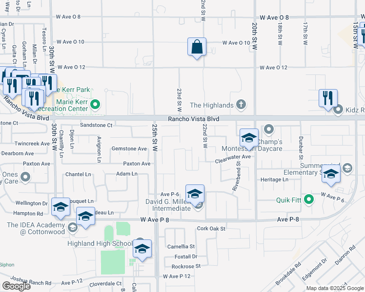 map of restaurants, bars, coffee shops, grocery stores, and more near 2243 Desert Rose Street in Palmdale