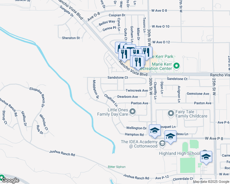 map of restaurants, bars, coffee shops, grocery stores, and more near 3210 Twincreek Avenue in Palmdale