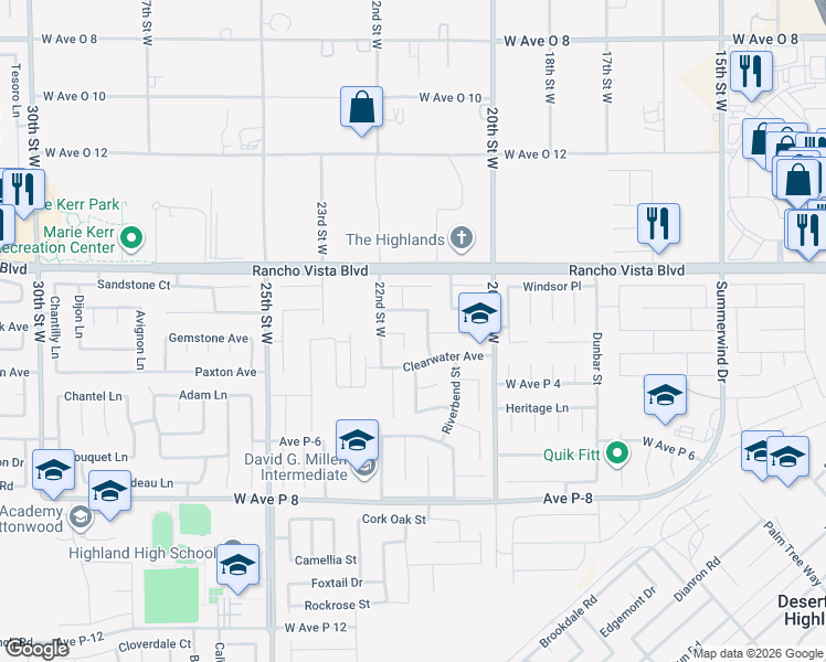 map of restaurants, bars, coffee shops, grocery stores, and more near 2131 Willowbrook Avenue in Palmdale