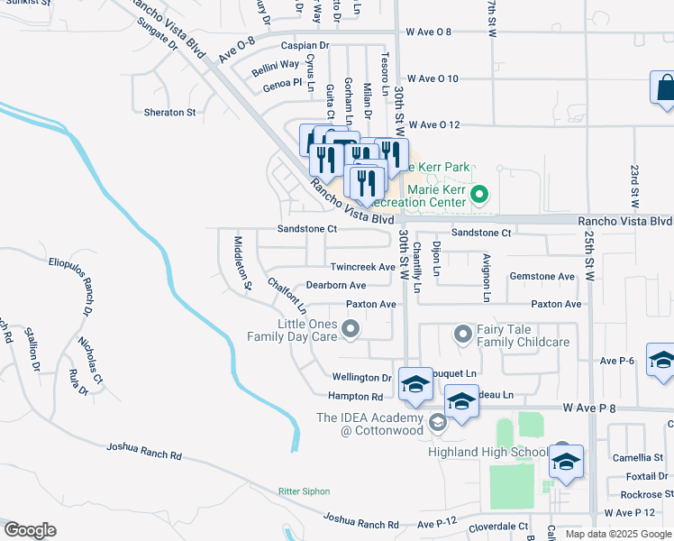 map of restaurants, bars, coffee shops, grocery stores, and more near 3134 Twincreek Avenue in Palmdale