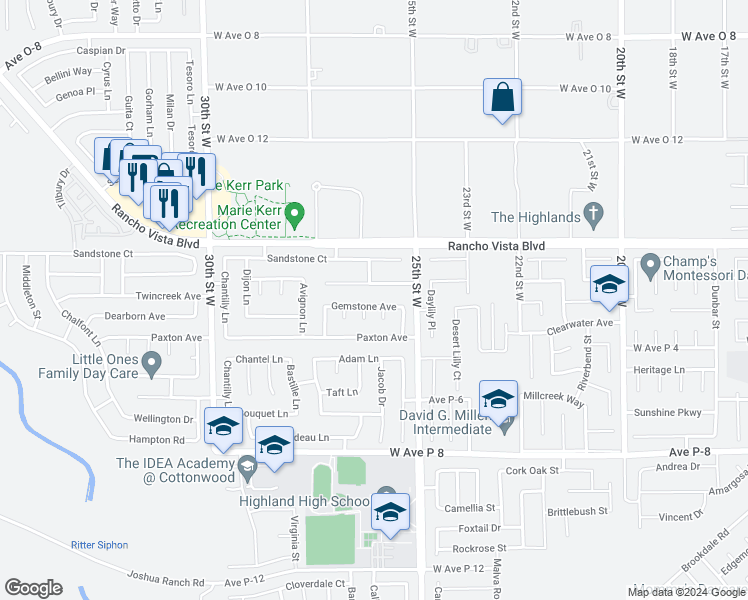 map of restaurants, bars, coffee shops, grocery stores, and more near 2547 Gemstone Avenue in Palmdale