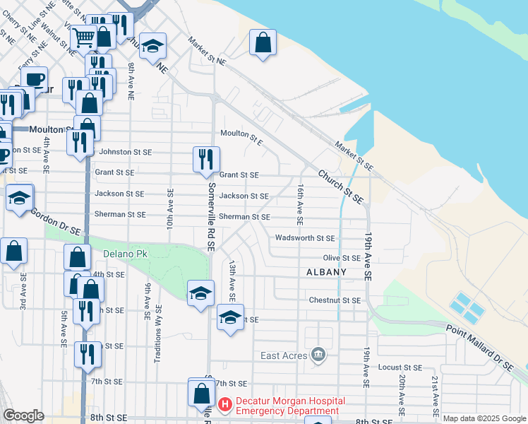 map of restaurants, bars, coffee shops, grocery stores, and more near 1405 Jackson Street Southeast in Decatur