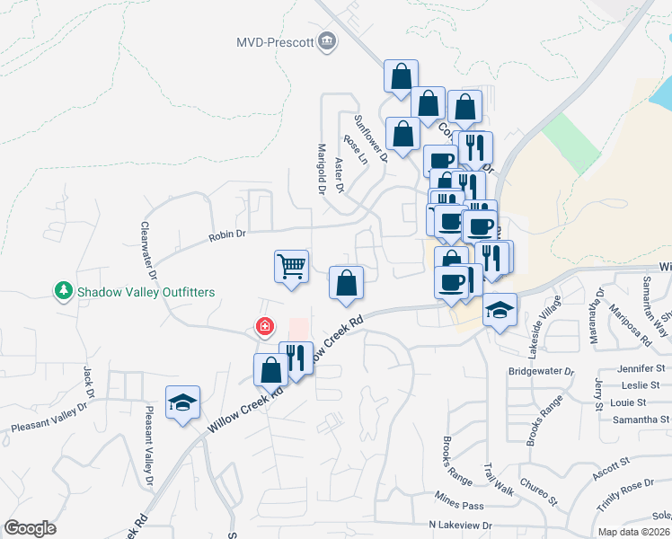 map of restaurants, bars, coffee shops, grocery stores, and more near 1205 Sandretto Drive in Prescott