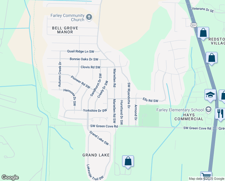 map of restaurants, bars, coffee shops, grocery stores, and more near 13920 Mariellen Road Southwest in Huntsville