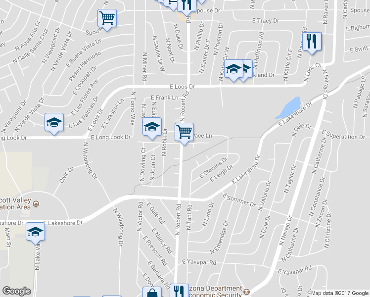 map of restaurants, bars, coffee shops, grocery stores, and more near 3933 North Robert Road in Prescott Valley