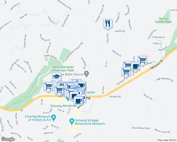 map of restaurants, bars, coffee shops, grocery stores, and more near 1689 Eucalyptus Drive in Solvang