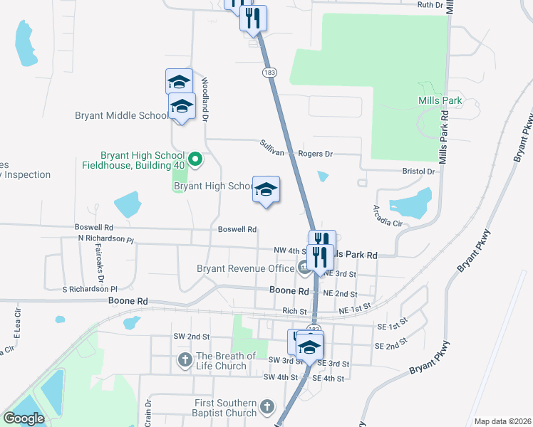 map of restaurants, bars, coffee shops, grocery stores, and more near 200 Northwest 4th Street in Bryant