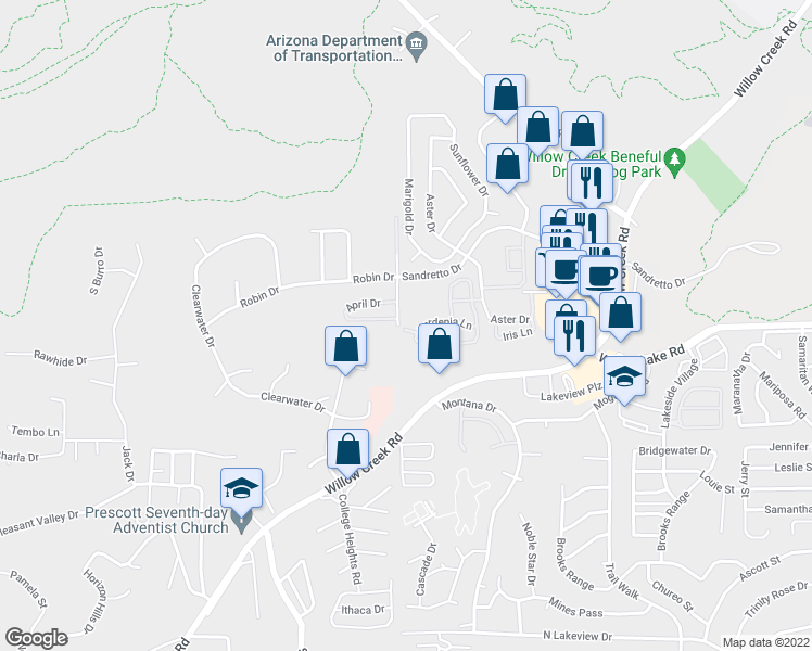 map of restaurants, bars, coffee shops, grocery stores, and more near 1226 Lorraine Drive in Prescott