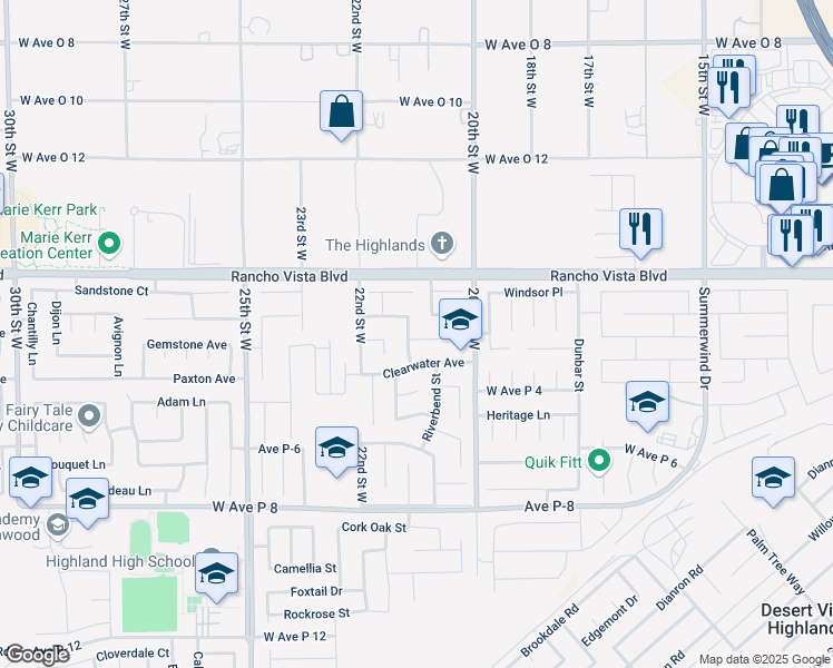 map of restaurants, bars, coffee shops, grocery stores, and more near 51 Riverbend Street in Palmdale