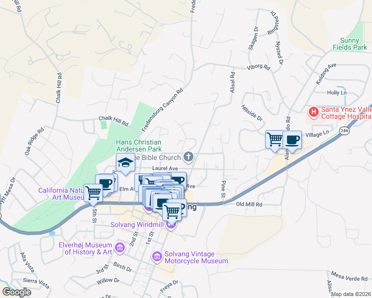 map of restaurants, bars, coffee shops, grocery stores, and more near 632 Roskilde Road in Solvang
