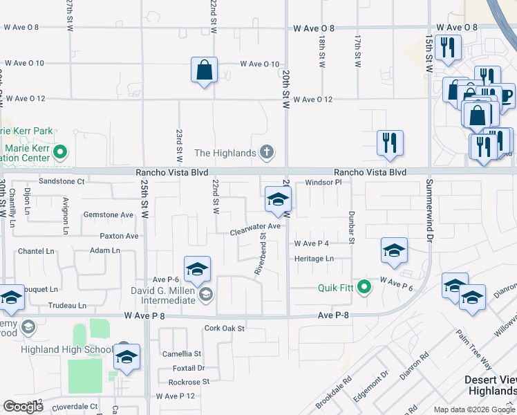 map of restaurants, bars, coffee shops, grocery stores, and more near 2047 Sundance Court in Palmdale