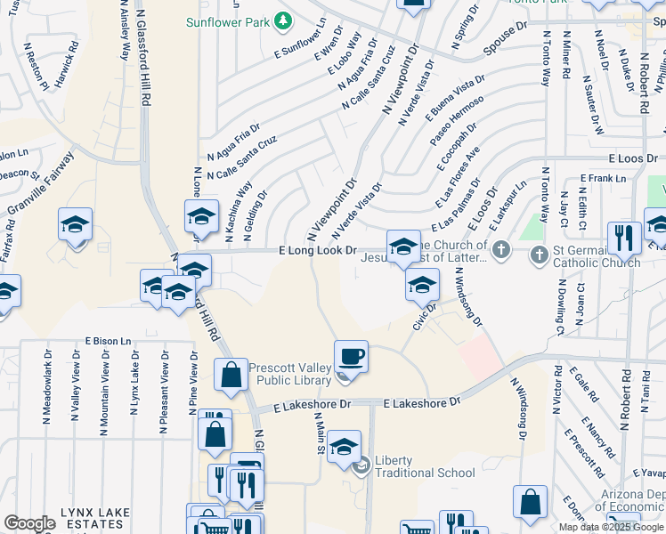map of restaurants, bars, coffee shops, grocery stores, and more near 7400 East Long Look Drive in Prescott Valley