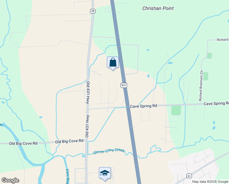 map of restaurants, bars, coffee shops, grocery stores, and more near 8522 U.S. 431 in Owens Cross Roads