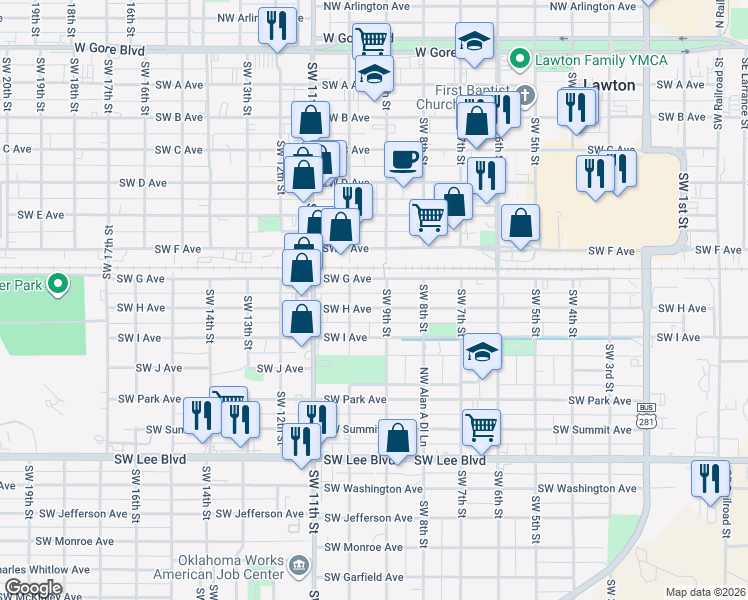 map of restaurants, bars, coffee shops, grocery stores, and more near 816 Southwest G Avenue in Lawton