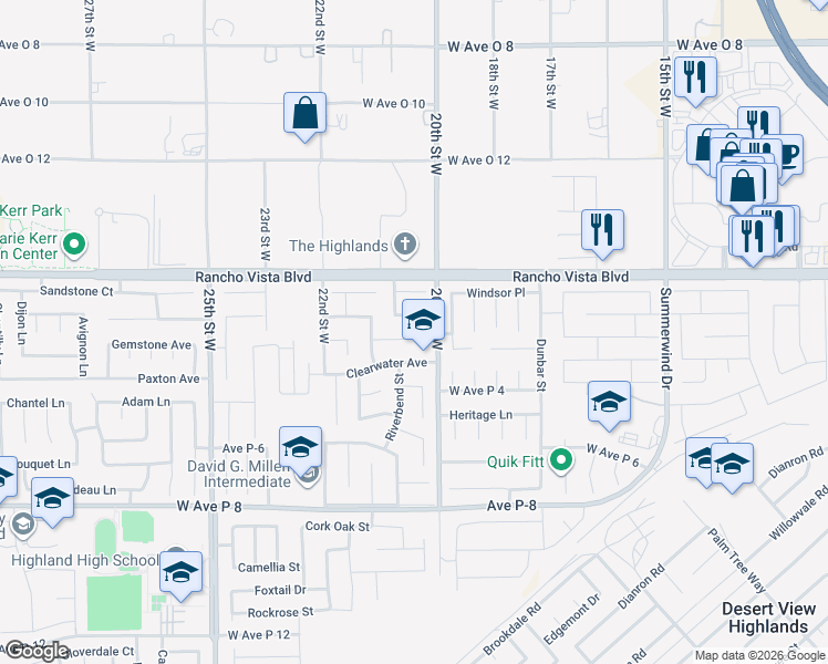 map of restaurants, bars, coffee shops, grocery stores, and more near 51 Riverbend Street in Palmdale