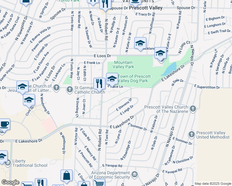 map of restaurants, bars, coffee shops, grocery stores, and more near 8327 East Dana Drive in Prescott Valley
