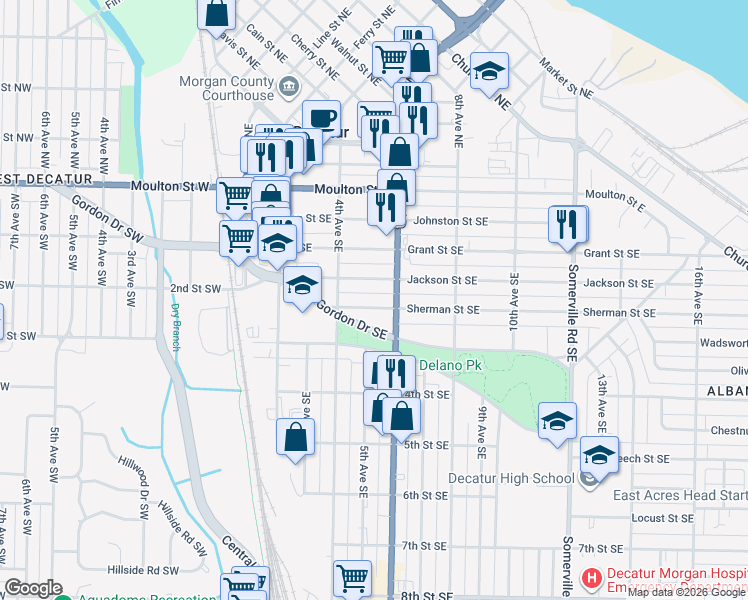 map of restaurants, bars, coffee shops, grocery stores, and more near 451 Jackson Street Southeast in Decatur