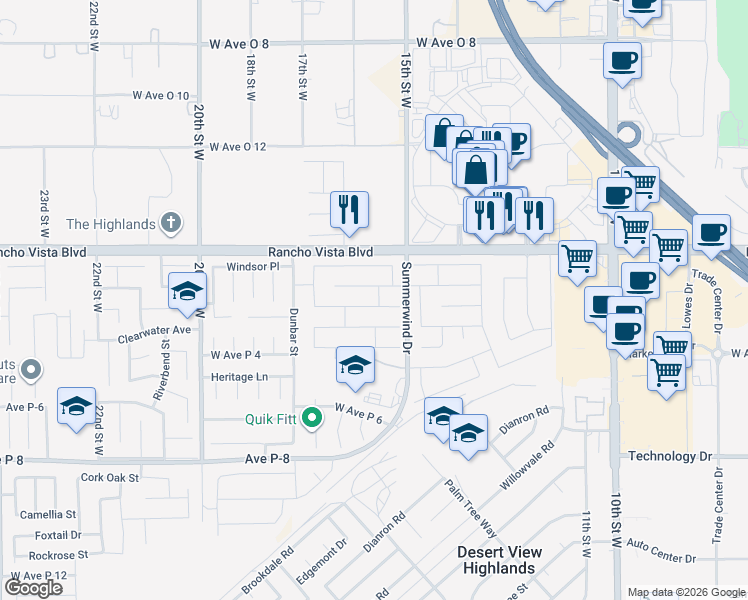 map of restaurants, bars, coffee shops, grocery stores, and more near 1539 Coventry Place in Palmdale