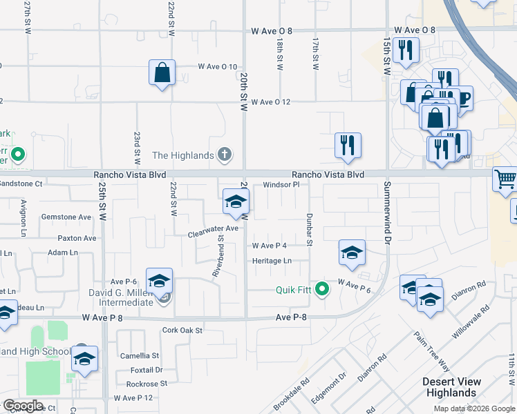 map of restaurants, bars, coffee shops, grocery stores, and more near 39524 Hawthorne Street in Palmdale