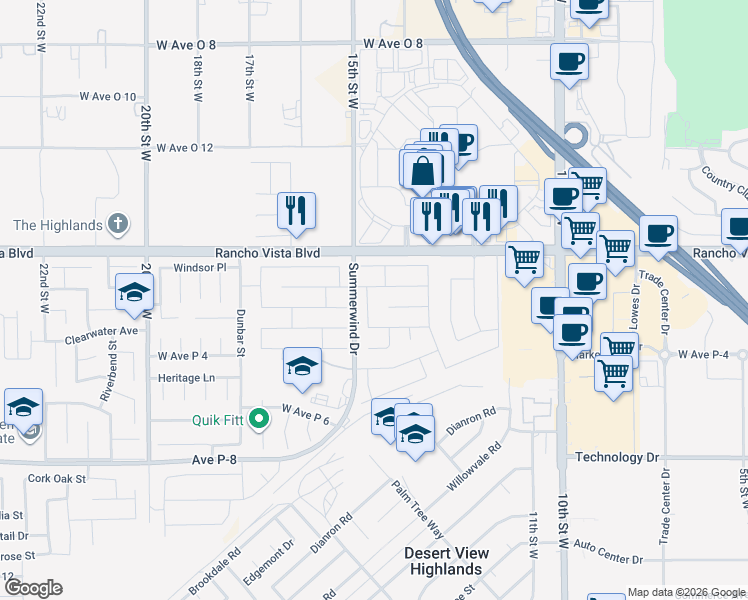 map of restaurants, bars, coffee shops, grocery stores, and more near 1322 Kings Road in Palmdale