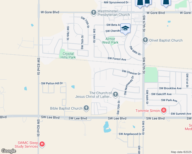 map of restaurants, bars, coffee shops, grocery stores, and more near 706 Southwest Chaucer Drive in Lawton
