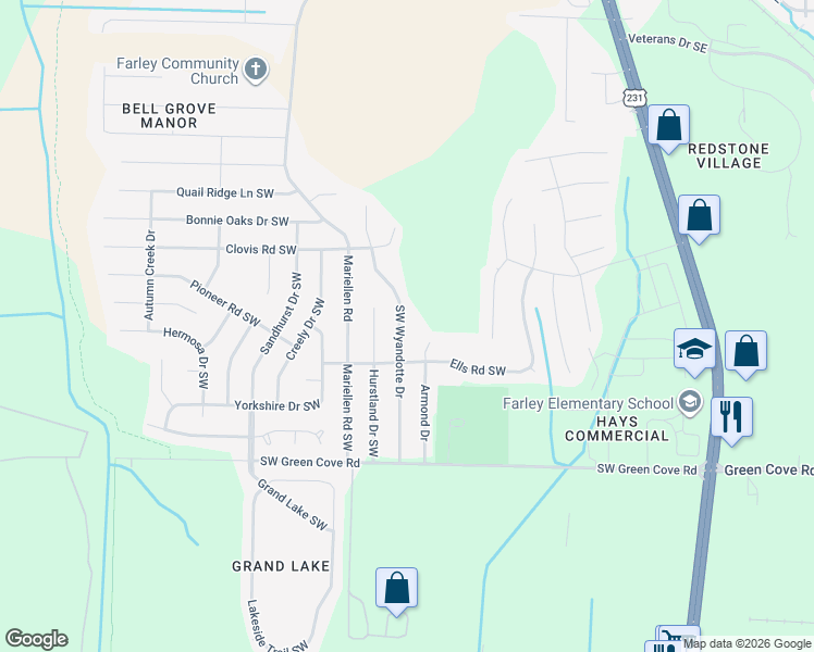 map of restaurants, bars, coffee shops, grocery stores, and more near 13927 Southwest Wyandotte Drive in Huntsville