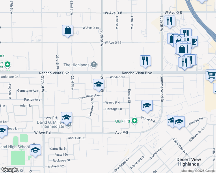 map of restaurants, bars, coffee shops, grocery stores, and more near 39524 Hawthorne Street in Palmdale