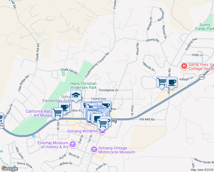 map of restaurants, bars, coffee shops, grocery stores, and more near 647 Roskilde Road in Solvang