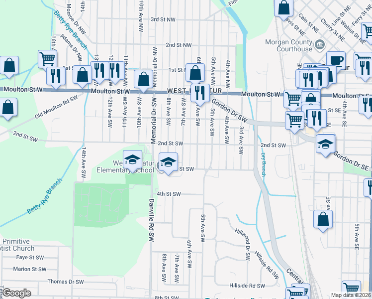 map of restaurants, bars, coffee shops, grocery stores, and more near 423 7th Avenue Southwest in Decatur