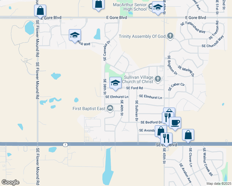 map of restaurants, bars, coffee shops, grocery stores, and more near 3802 Southeast Elmhurst Lane in Lawton