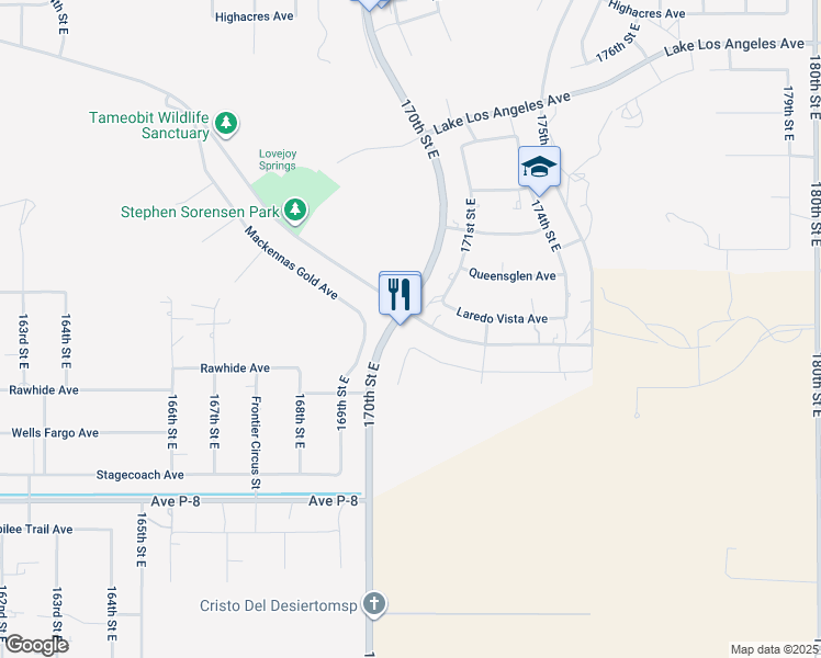map of restaurants, bars, coffee shops, grocery stores, and more near 21500 East Avenue P in Lake Los Angeles