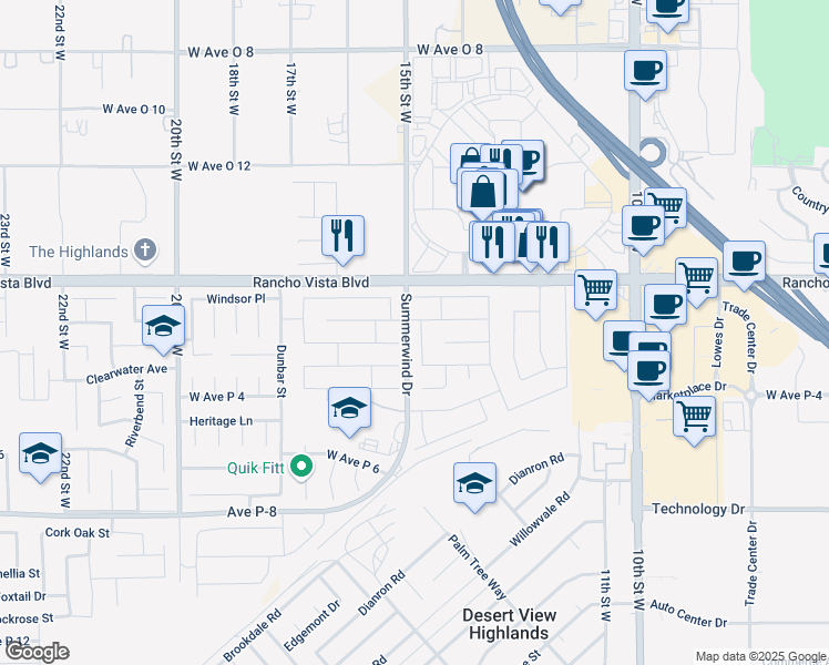 map of restaurants, bars, coffee shops, grocery stores, and more near 39437 Southcliff Way in Palmdale