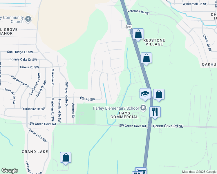 map of restaurants, bars, coffee shops, grocery stores, and more near Holstein Lane in Huntsville