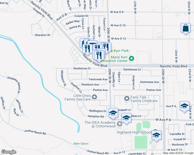 map of restaurants, bars, coffee shops, grocery stores, and more near 3101 Twincreek Avenue in Palmdale