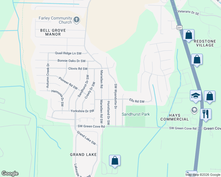 map of restaurants, bars, coffee shops, grocery stores, and more near 13922 Hurstland Drive Southwest in Huntsville