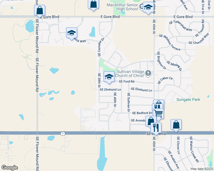 map of restaurants, bars, coffee shops, grocery stores, and more near 3802 Southeast Elmhurst Lane in Lawton