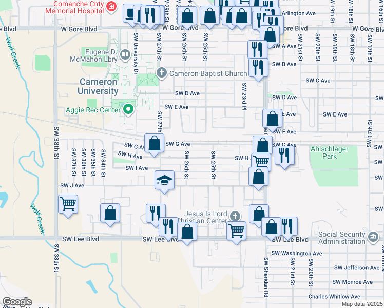 map of restaurants, bars, coffee shops, grocery stores, and more near 2533 Southwest H Avenue in Lawton