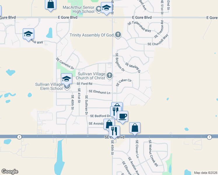 map of restaurants, bars, coffee shops, grocery stores, and more near 4232 Southeast Ford Road in Lawton