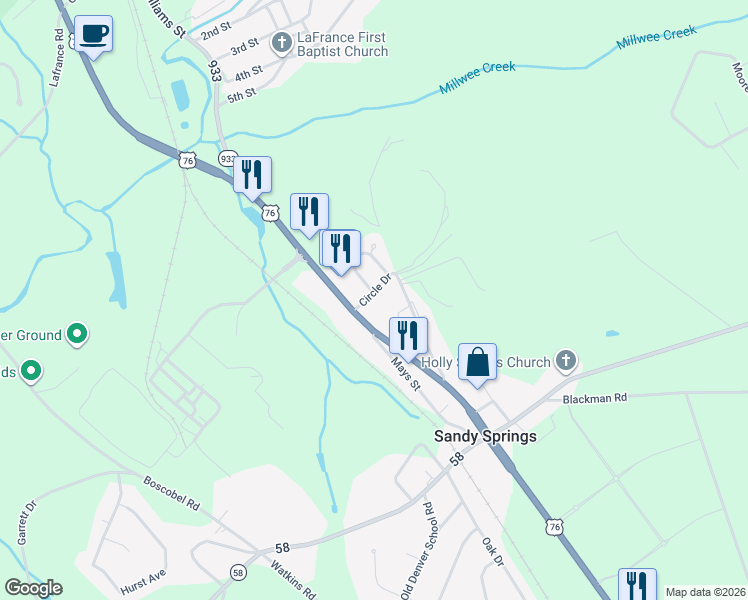 map of restaurants, bars, coffee shops, grocery stores, and more near 101 Veranda Circle in Pendleton