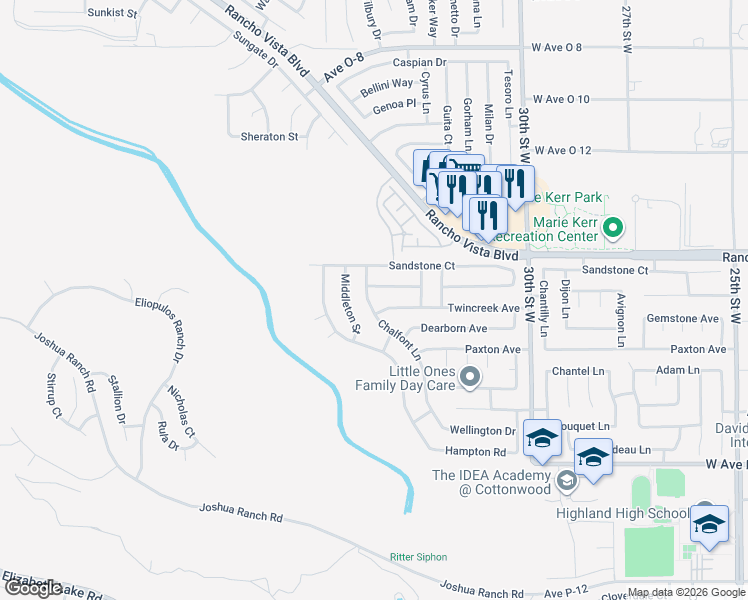 map of restaurants, bars, coffee shops, grocery stores, and more near 39518 Chalfont Lane in Palmdale