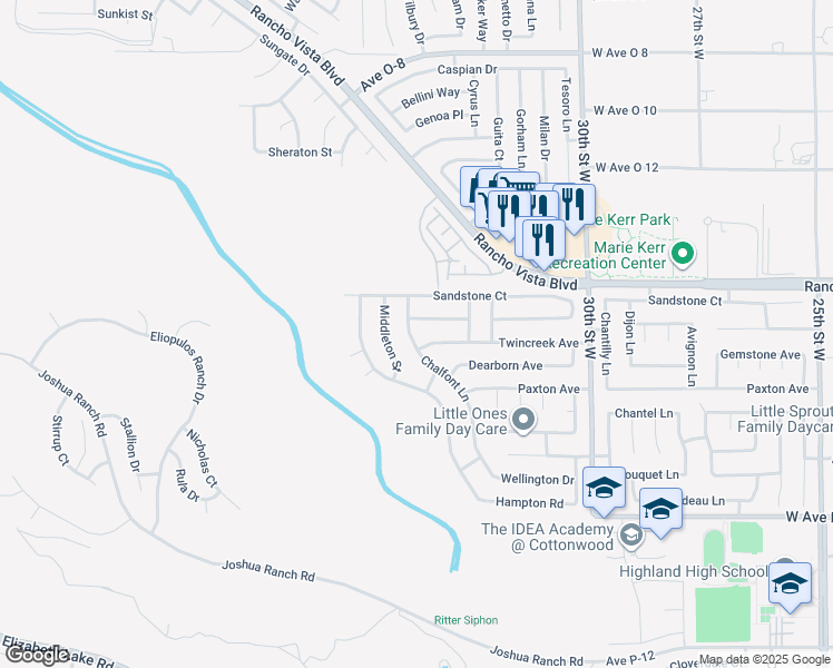map of restaurants, bars, coffee shops, grocery stores, and more near 39518 Chalfont Lane in Palmdale