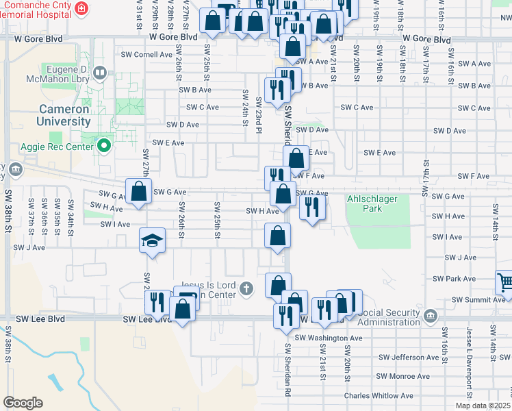 map of restaurants, bars, coffee shops, grocery stores, and more near 2324 Southwest G Avenue in Lawton