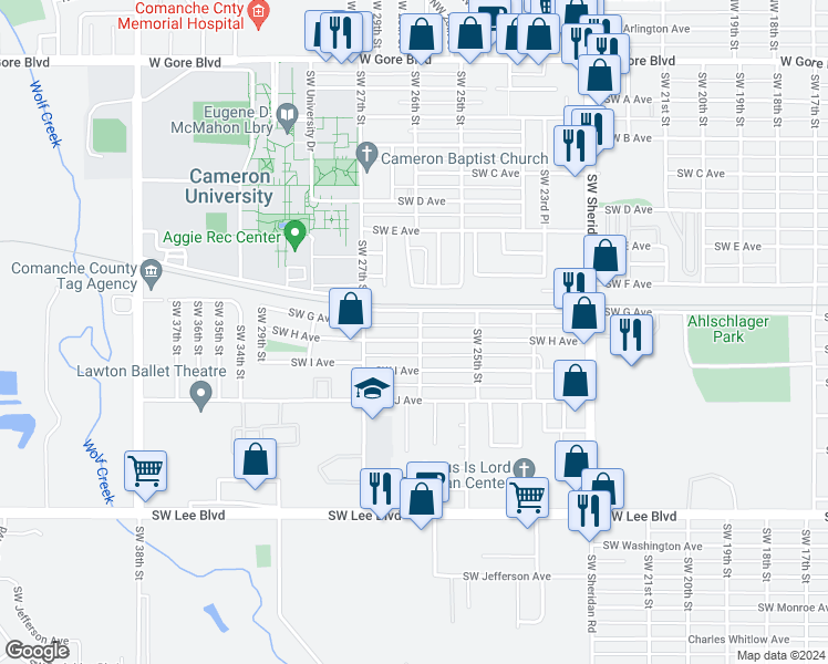 map of restaurants, bars, coffee shops, grocery stores, and more near 2533 Southwest H Avenue in Lawton