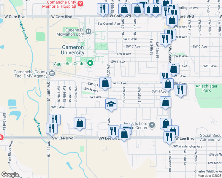 map of restaurants, bars, coffee shops, grocery stores, and more near 2612 Southwest G Avenue in Lawton