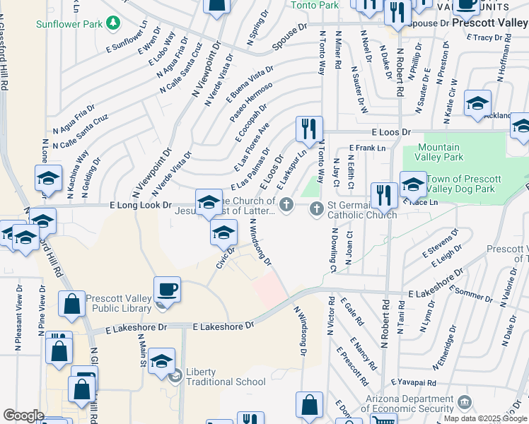 map of restaurants, bars, coffee shops, grocery stores, and more near 7763 E Long Look Dr in Prescott Valley