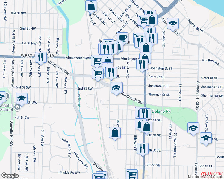 map of restaurants, bars, coffee shops, grocery stores, and more near 201 Gordon Drive Southeast in Decatur